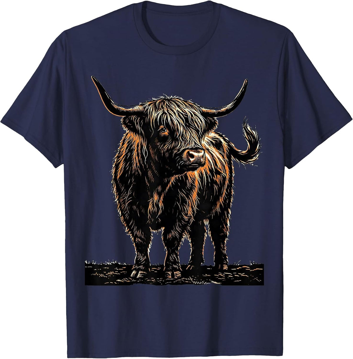 Men's Highland Cow Stencil Farm Animal Humor T-Shirt - Navy Blue