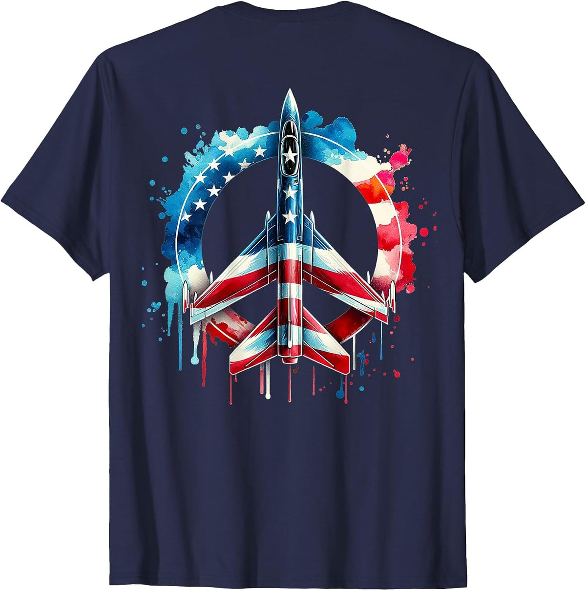 Flying Jet American Flag Peace Sign USA Patriotic July 4th T-Shirt - Navy Blue