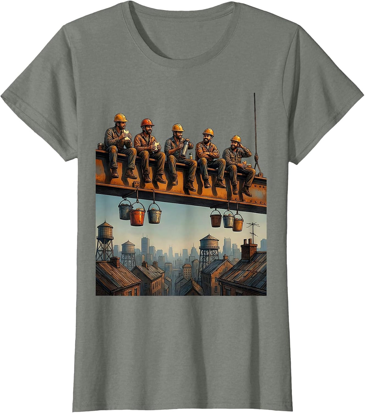 Ironworkers Lunch Break on Steel Beam Graphic T-Shirt - Olive Heather