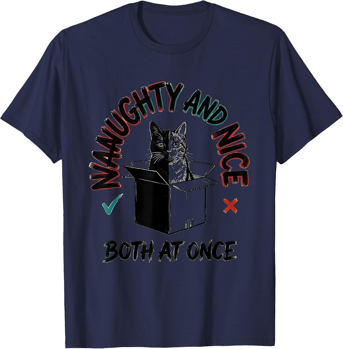 Naughty And Nice Both At Once Funny Quantum Physics Cat T-Shirt - Navy Blue