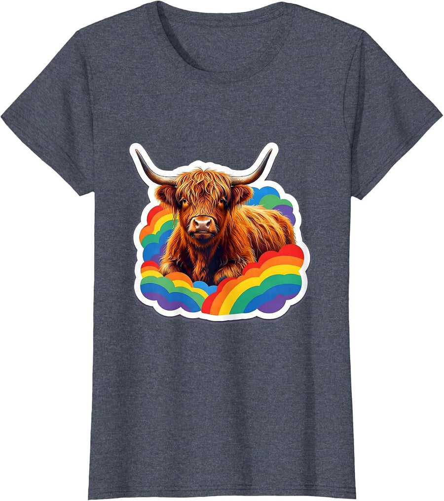 Women's Highland Cow Floating Among Rainbow Clouds T-Shirt - Heather Blue