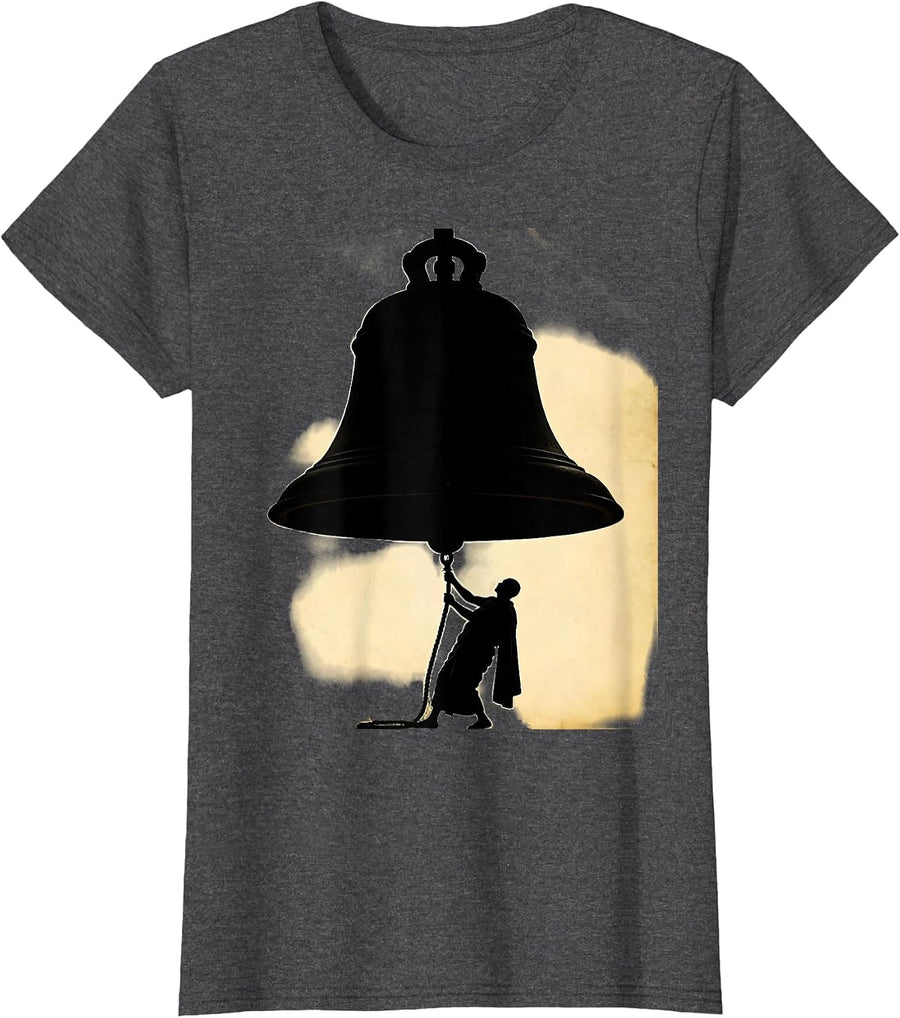 Women's Monk Ringing Monastery Bell Graphic Design T-Shirt - Dark Heather Grey