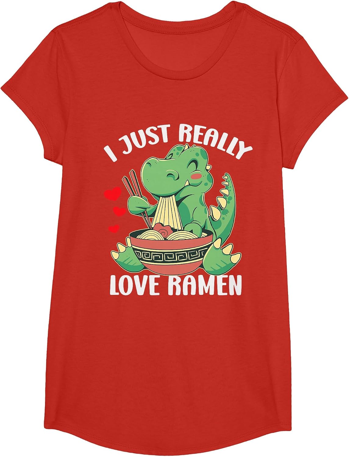 Funny T Rex Ramen Kawaii Anime Japanese Noodle Soup Kids T-Shirt - Girls Red