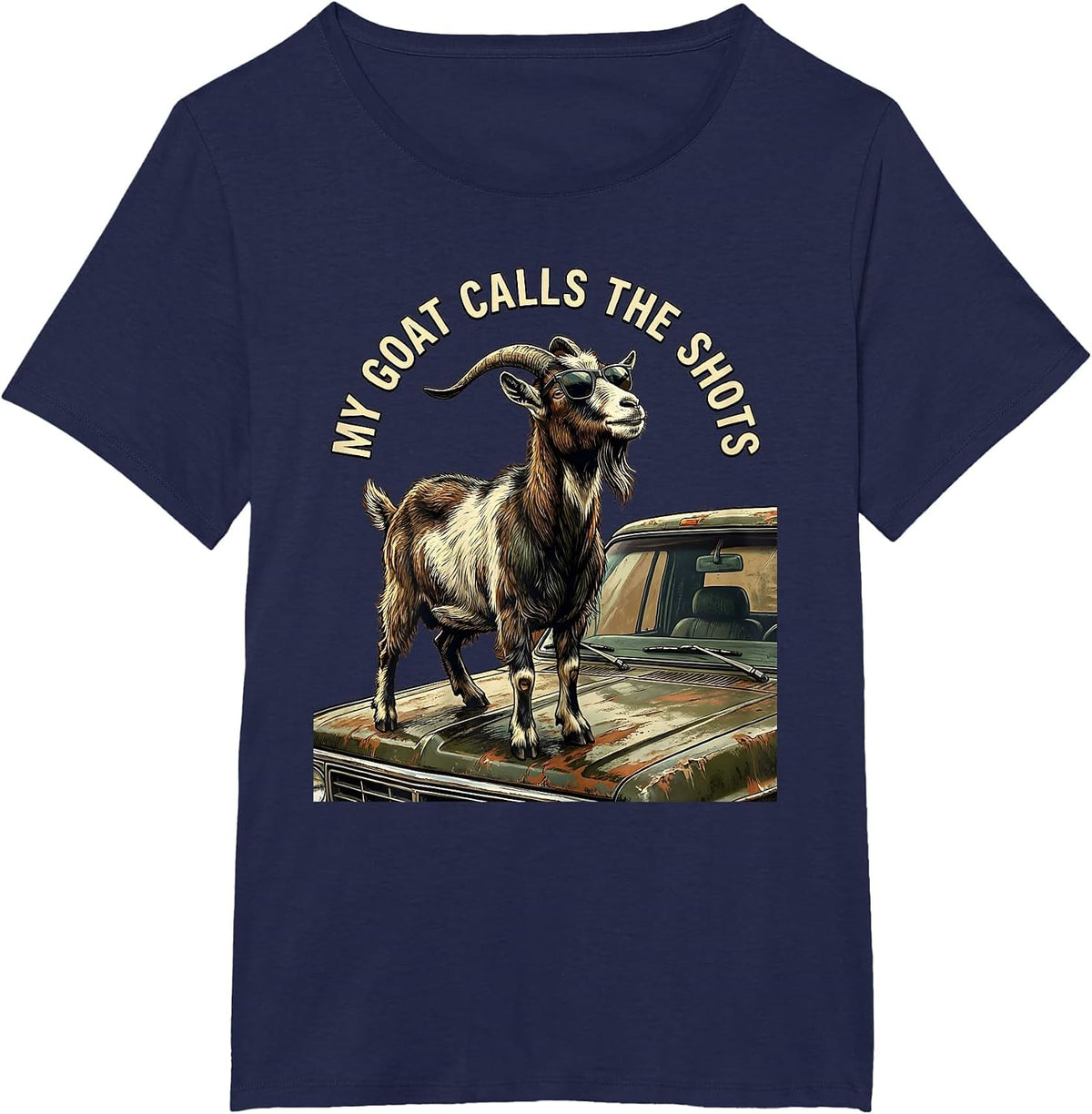 Women's My Goat Calls The Shots Funny Goat Animal Lover Humor T-Shirt - Navy Blue