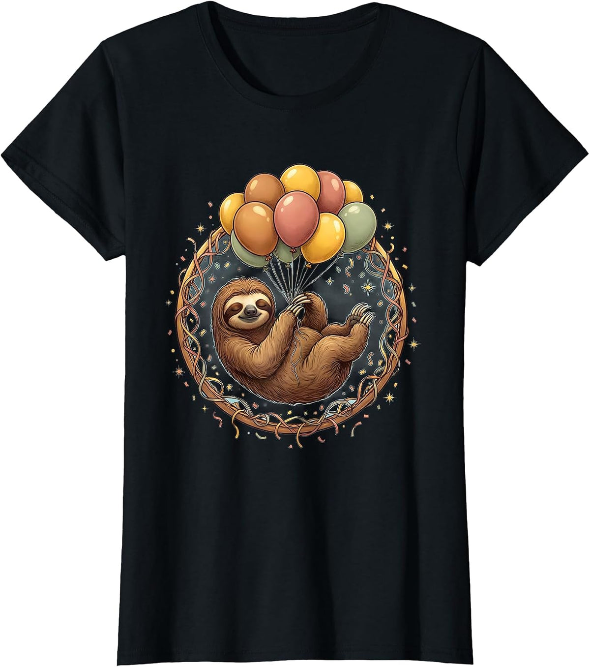 Women's Sloth Balloon Birthday Graphic Tee T-Shirt - Black