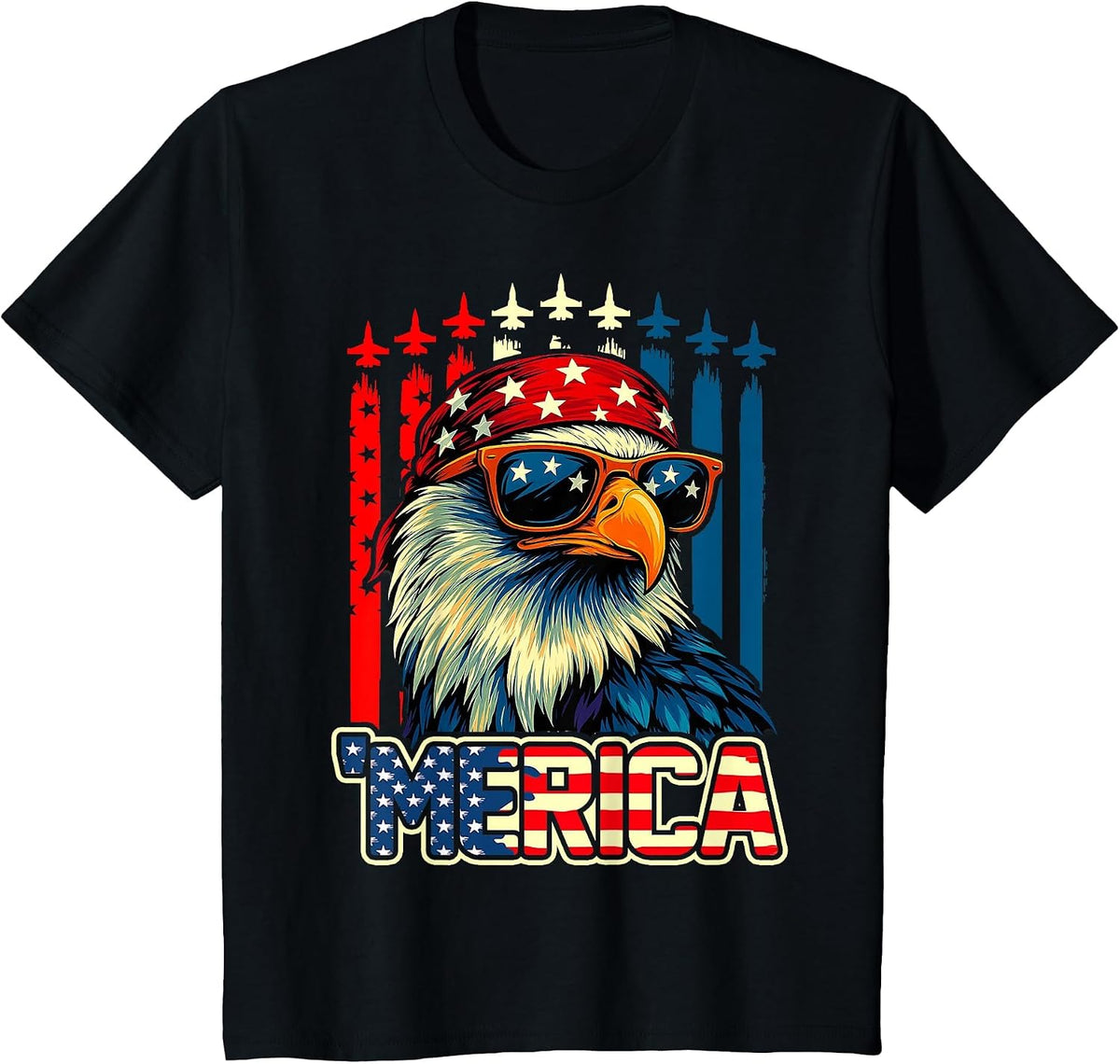 Merica Eagle American Flag Airplane 4th of July Patriotic T-Shirt - Black