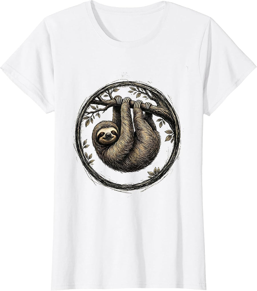 Women's Sleepy Sloth Hanging From Branch Illustration T-Shirt - White