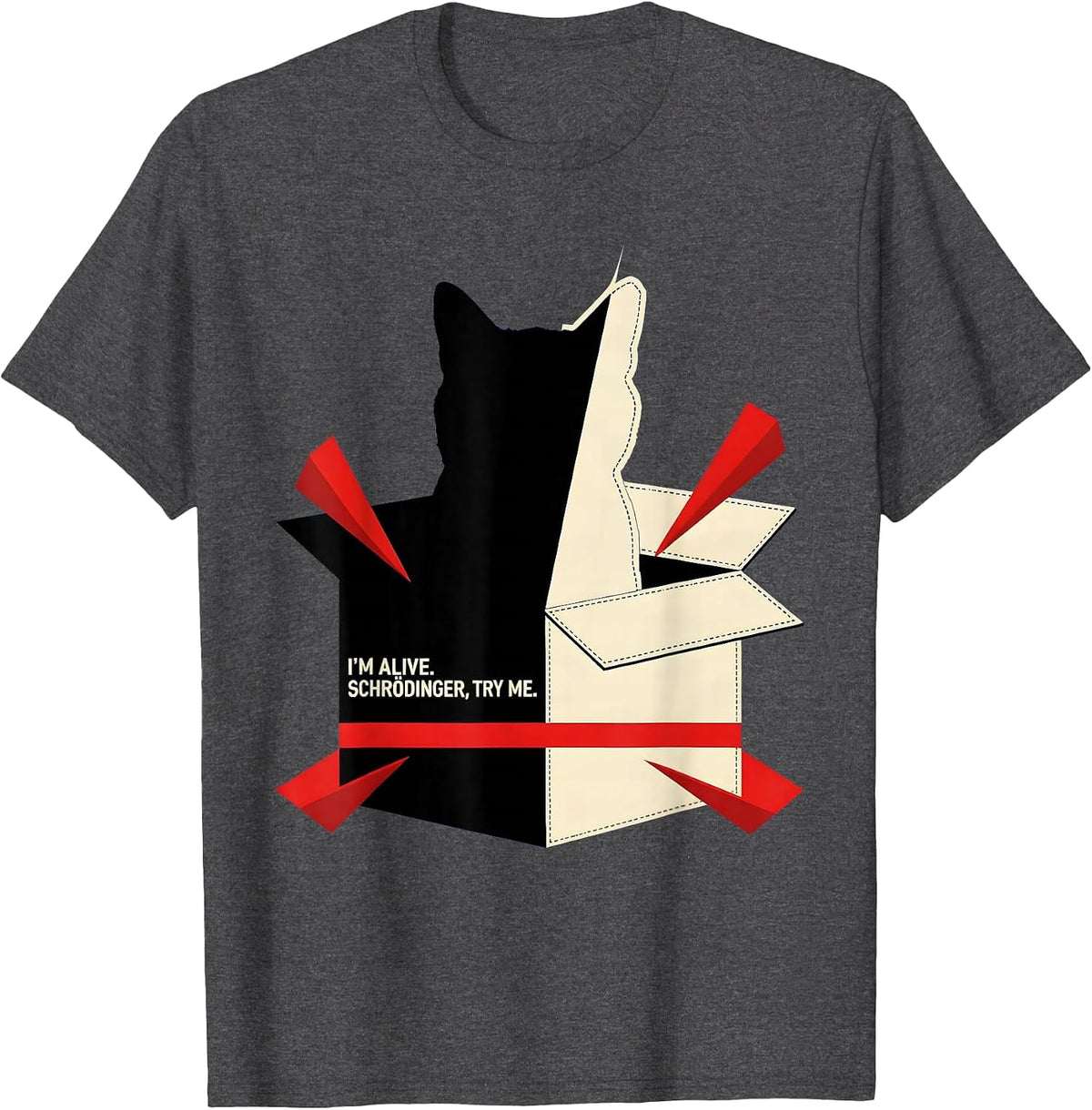 Men's I'm Alive Schrödinger Try Me Funny Physics Quantum Humor T-Shirt - Dark Heather Grey