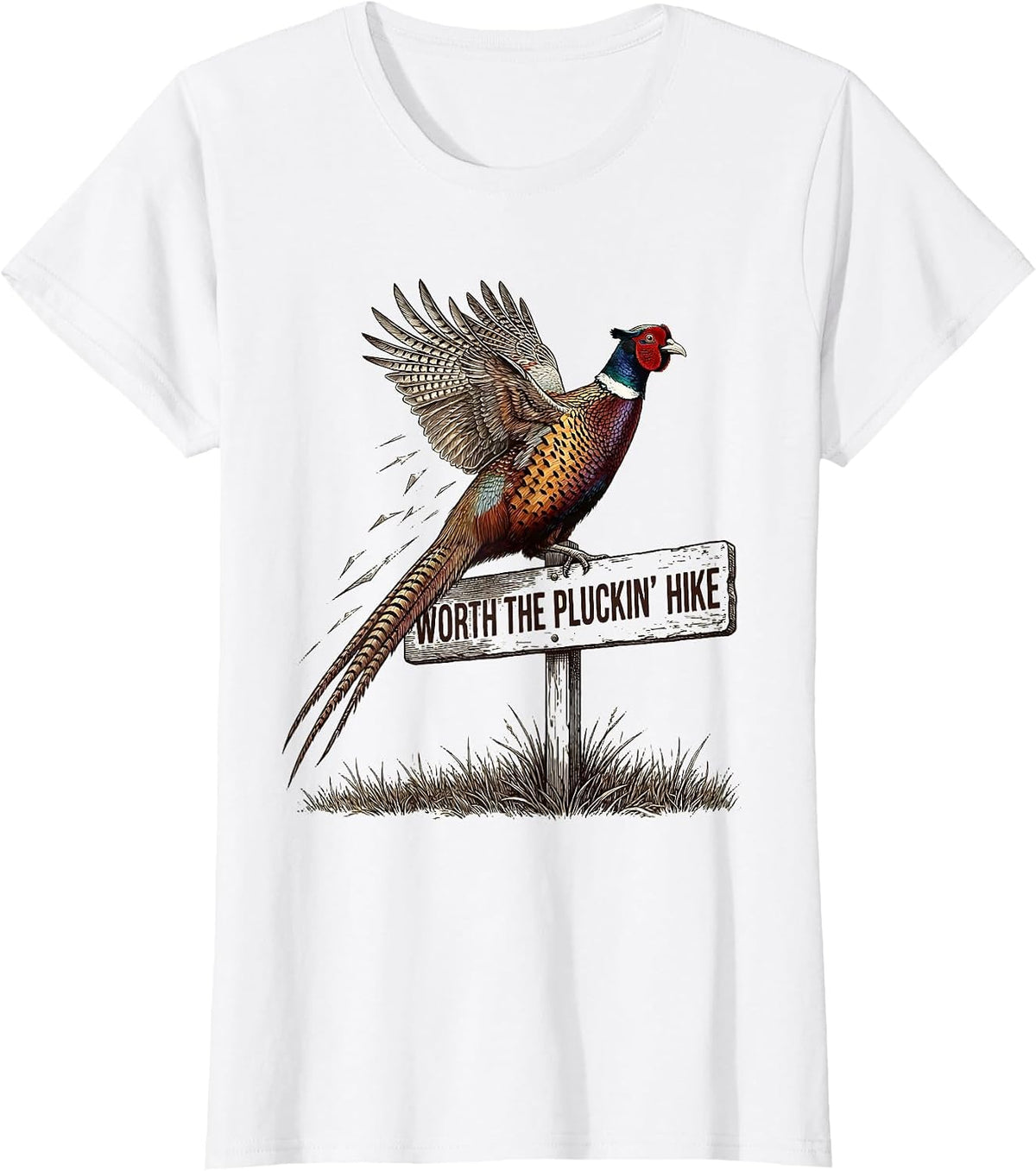Worth The Pluckin' Hike Crosshatch Etching Pheasant Hunter T-Shirt - White