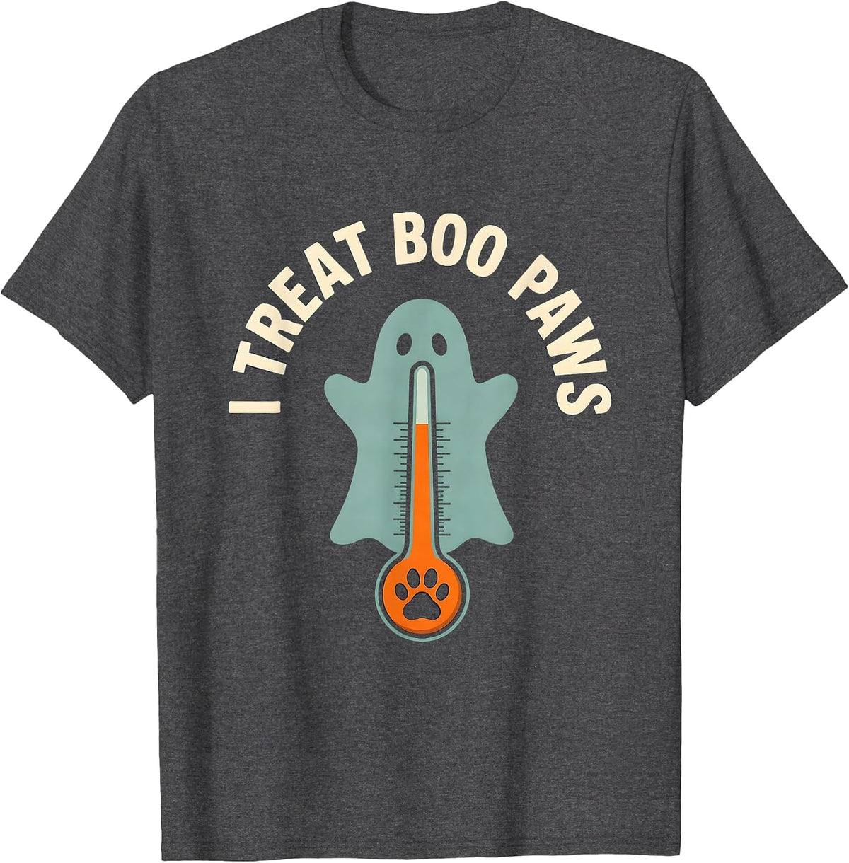 Men's I Treat Boo Paws Funny Vet Tech Halloween Veterinary T-Shirt - Dark Heather Grey
