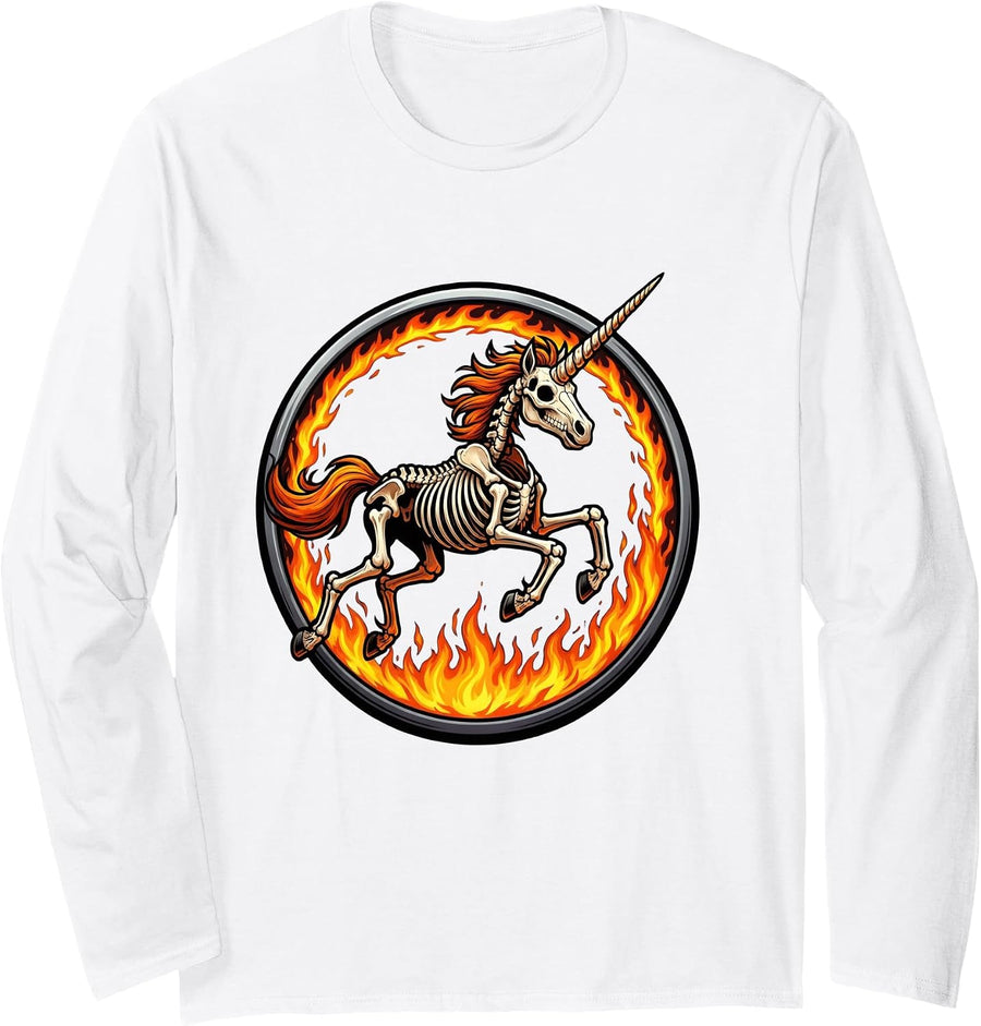 Skeletal Unicorn Galloping Through Flames Long Sleeve T-Shirt - Adult Unisex White