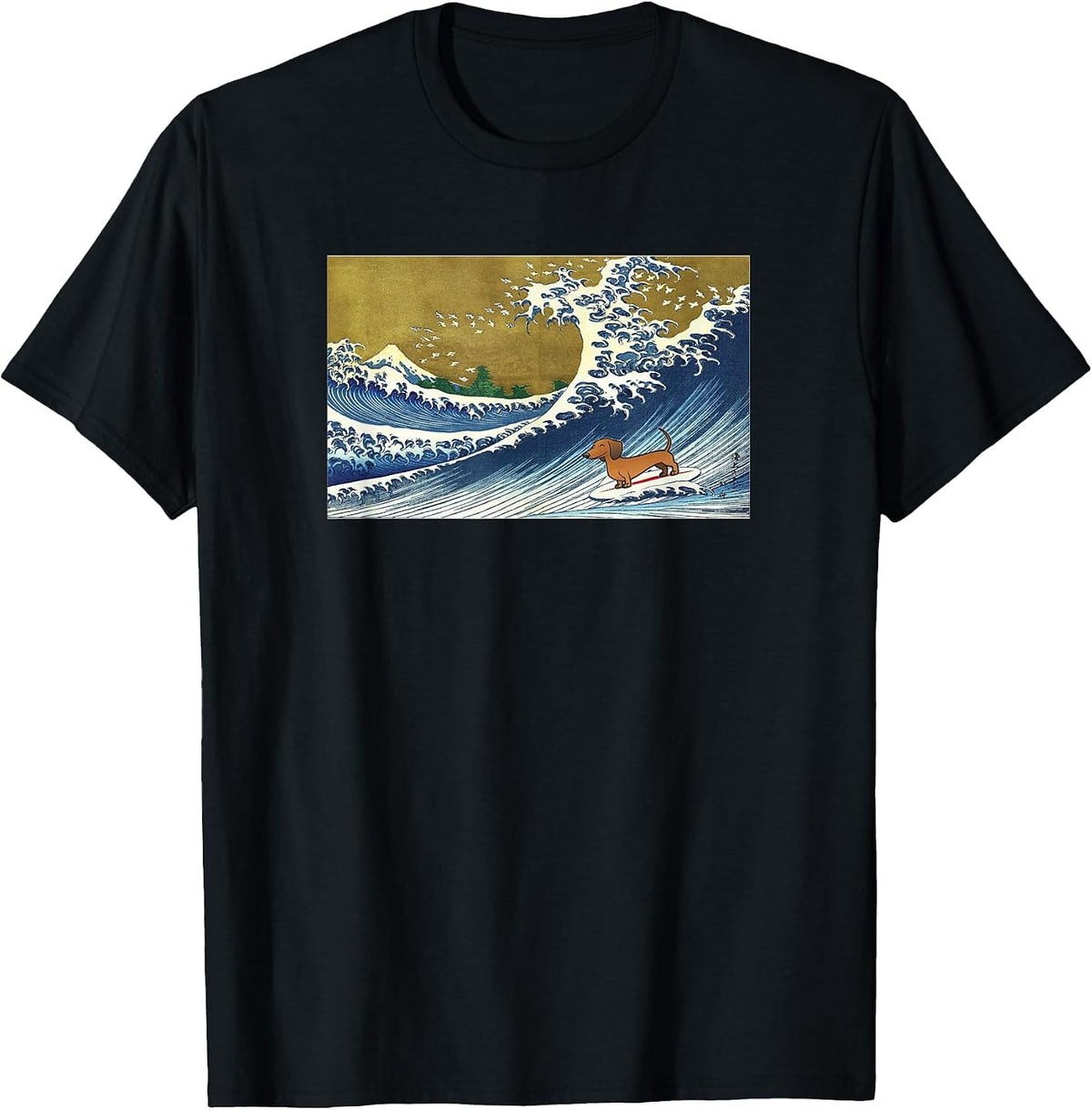 Funnny Retro Vintage Surfing a Wave Dachshund Lover T-Shirt - Black