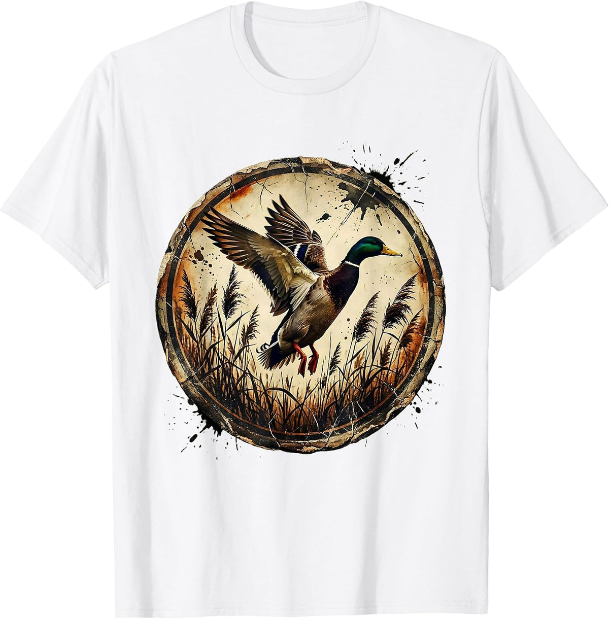Men's Duck Taking Flight Over Marsh Reeds Illustration T-Shirt - White