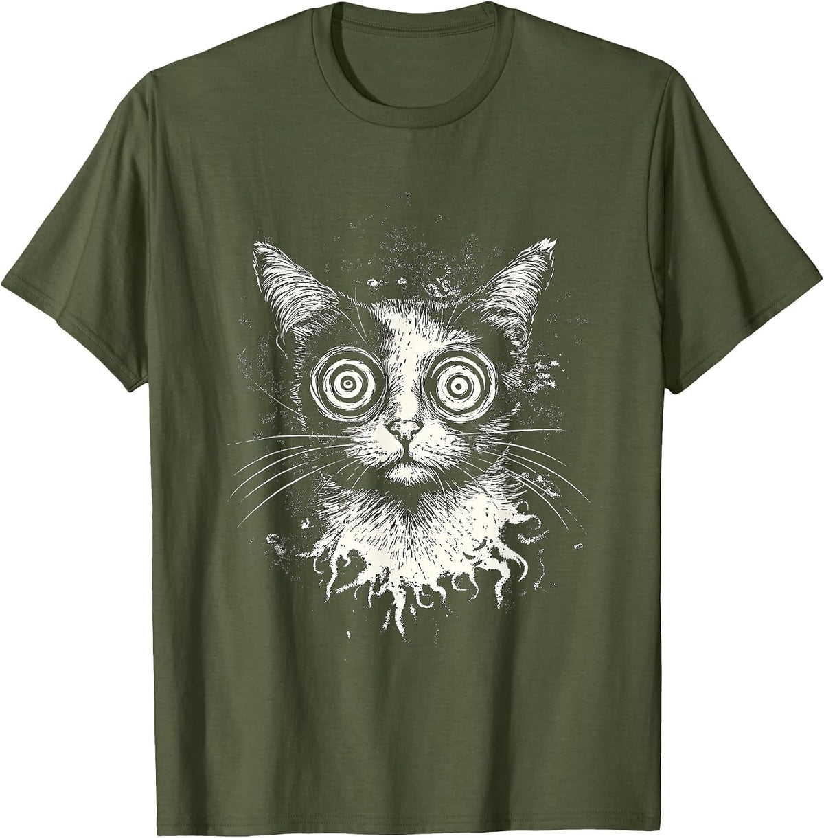 Trippy Cat Weird Kitten in Goth Gothic Grunge Style T-Shirt - Olive Green