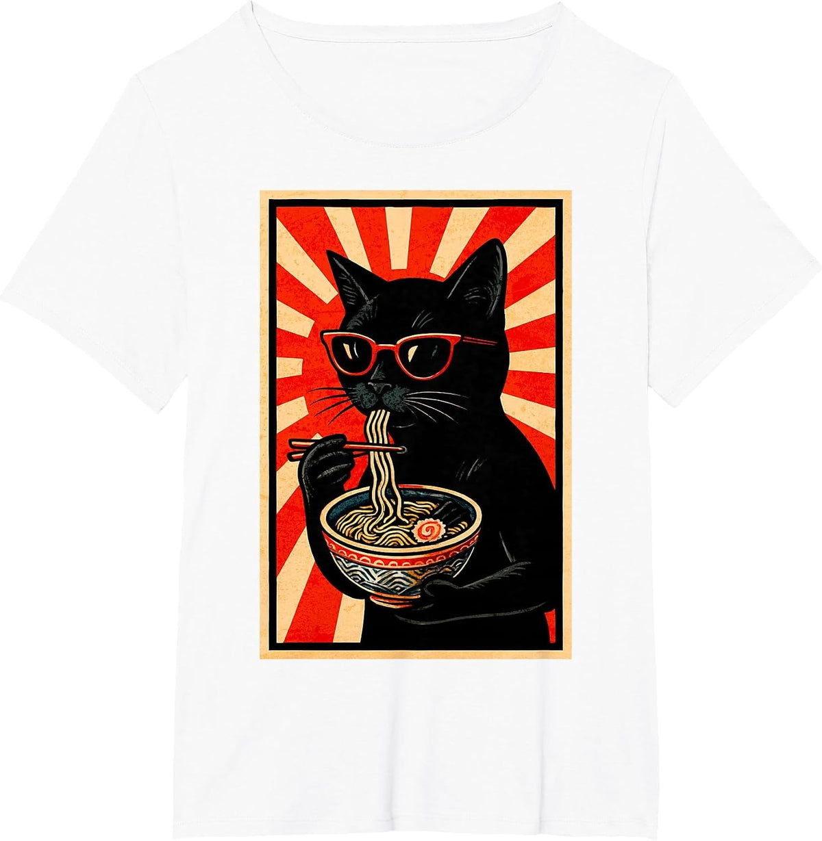Ramen Cat Japanese Rising Sun Retro Poster Design T-Shirt - White