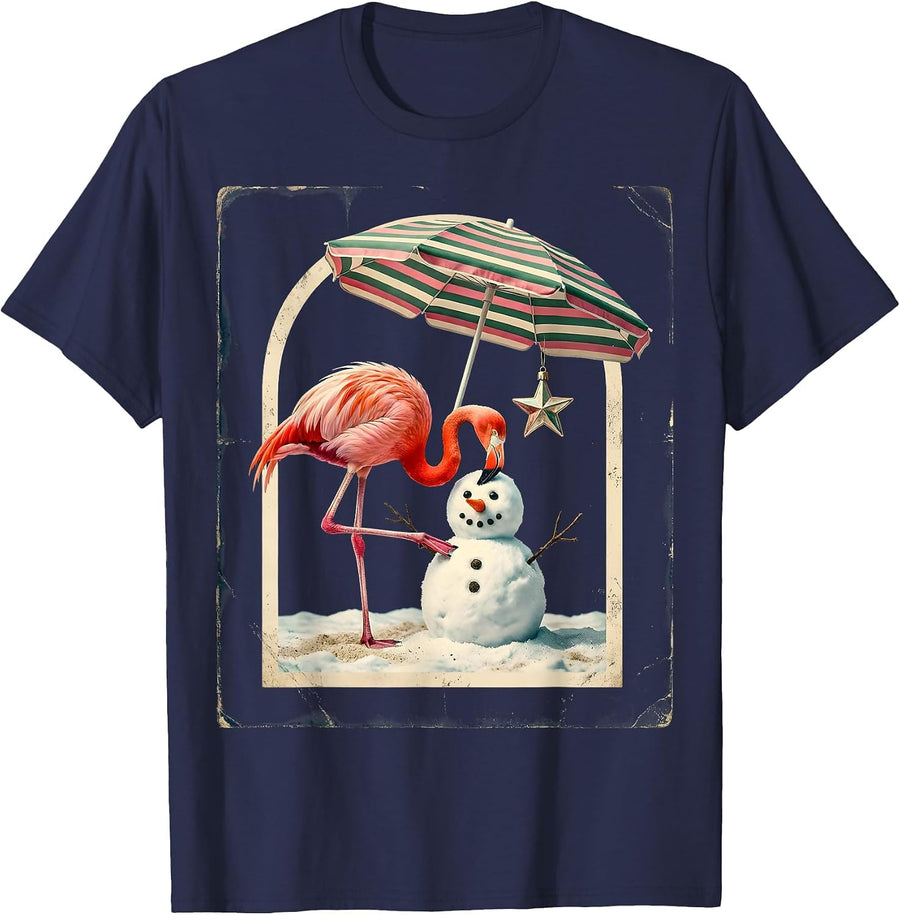 Pink Flamingo Vintage Tropical Holiday Novelty T-Shirt - Navy Blue