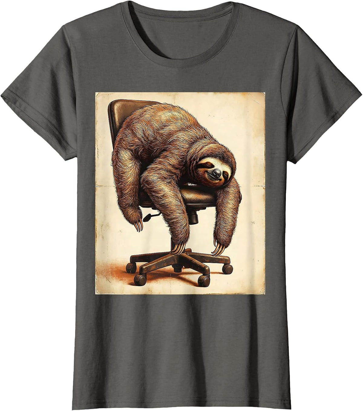 Women's Funny Napping Sloth Office Chair Humor Graphic T-Shirt - Asphalt Grey