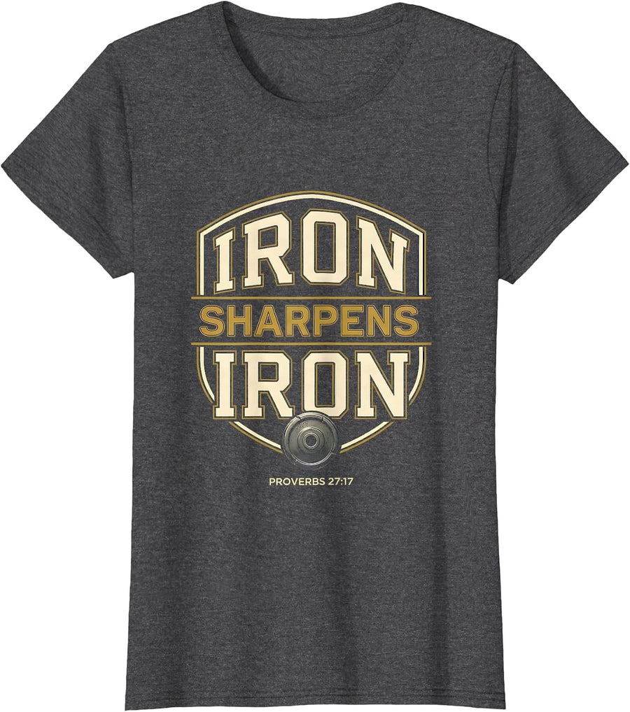Women's Iron Sharpens Iron Proverbs 27:17 Christian Men Gym Faith T-Shirt - Dark Heather Grey