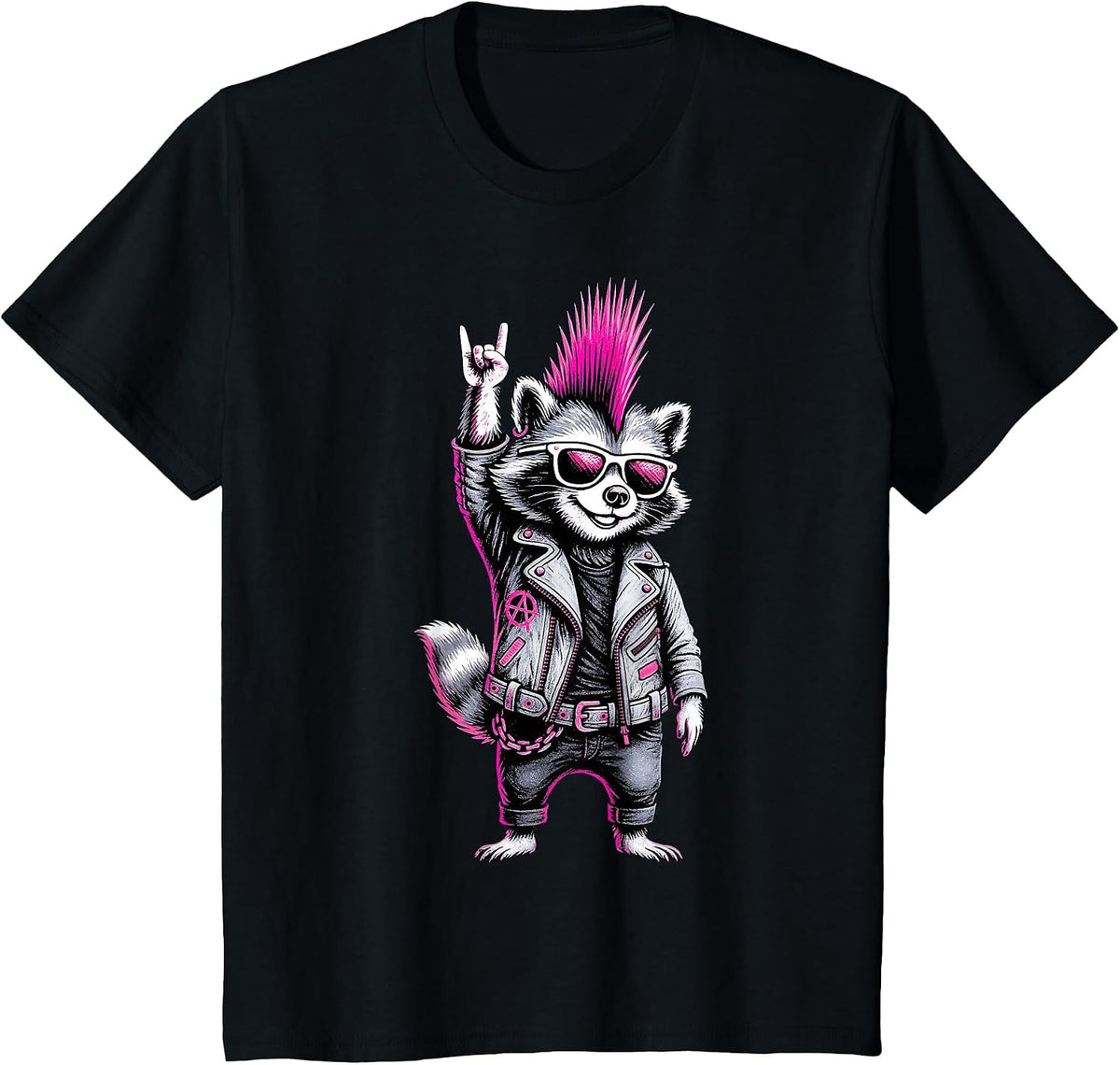 Retro Punk Rock Music Men Women Kids Funny Raccoon T-Shirt - Black
