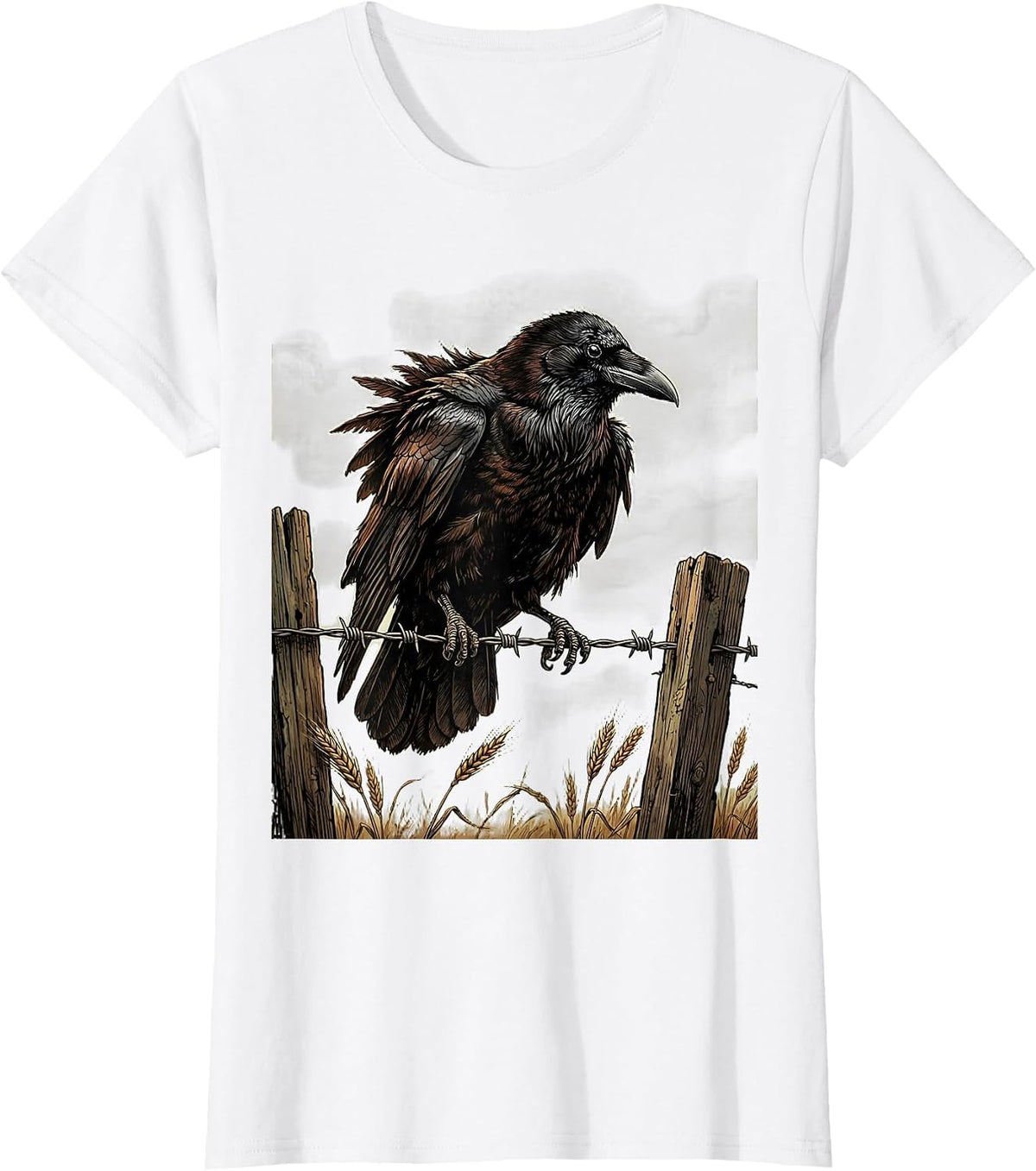 Crow Perched on Barbed Wire Illustration T-Shirt - White