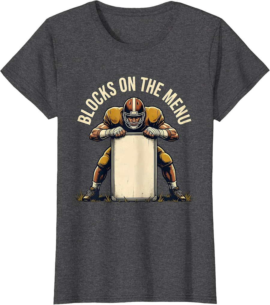 Women's Blocks On The Menu Vintage Football Lineman Humor T-Shirt - Dark Heather Grey