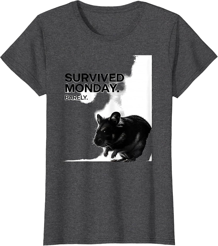 Women's Survived Monday Barely Funny Hamster Owner Pet Lover Humor T-Shirt - Dark Heather Grey