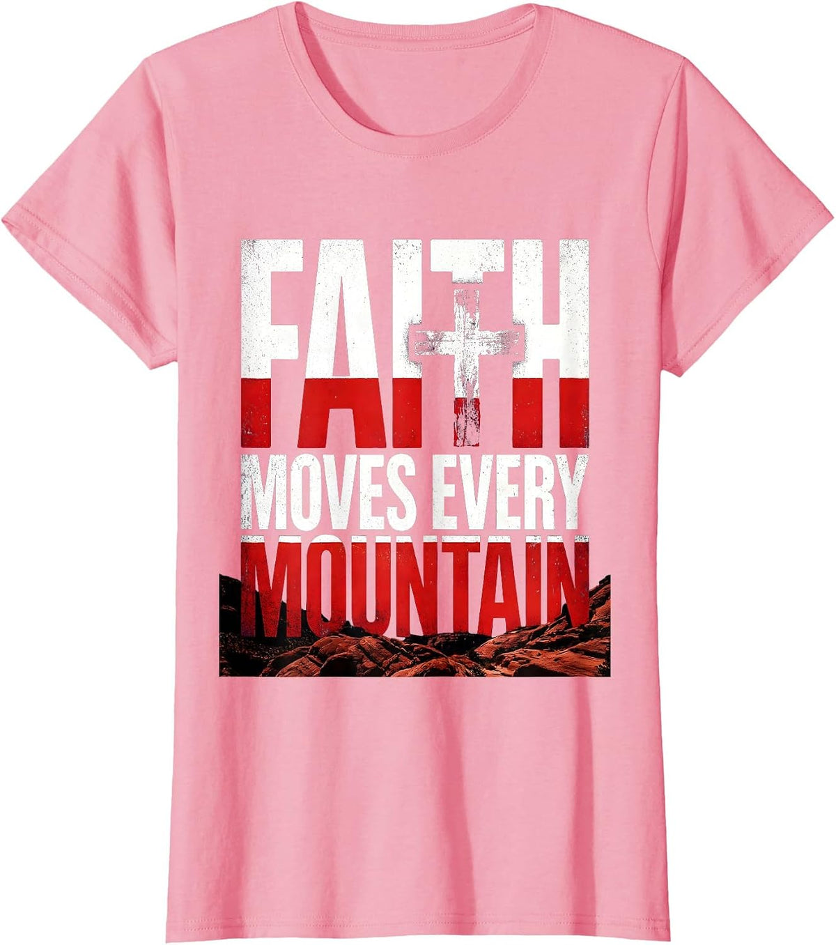 Women's Faith Over Fear Distressed Cross Mountain Design T-Shirt - Pink