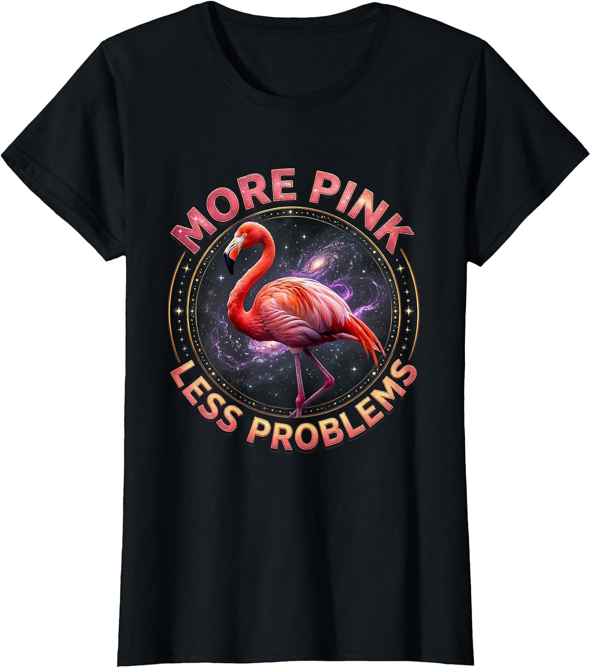 More Pink Less Problems Flamingo Design T-Shirt - Black