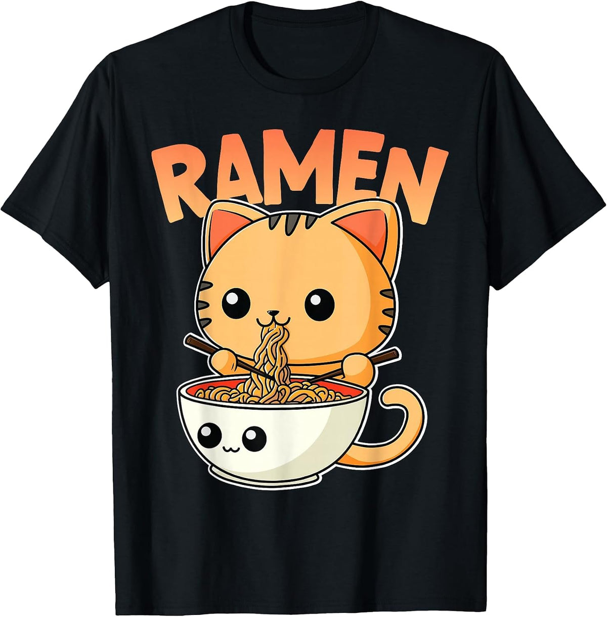 Kawaii Cat Eating Ramen - Cute Kitty T-Shirt - Black