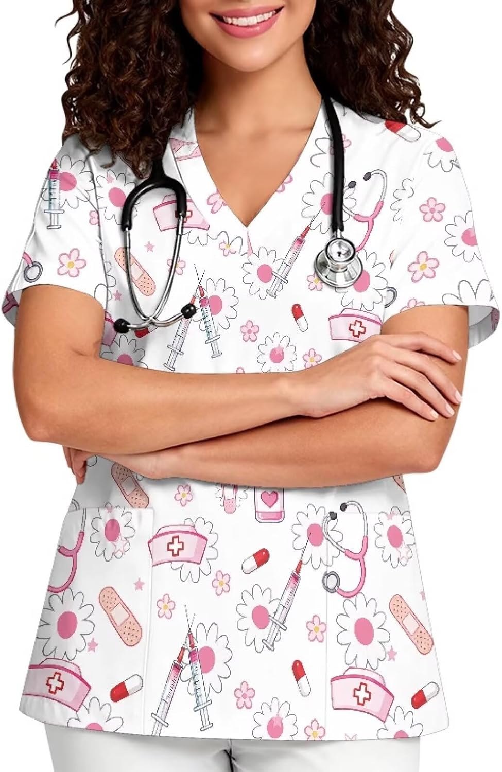 PinUp Angel Stylish V-Neck Cute Graphic Scrub Top for Women Short Sleeve with Pockets for Clinical Hospital Medical Use -
