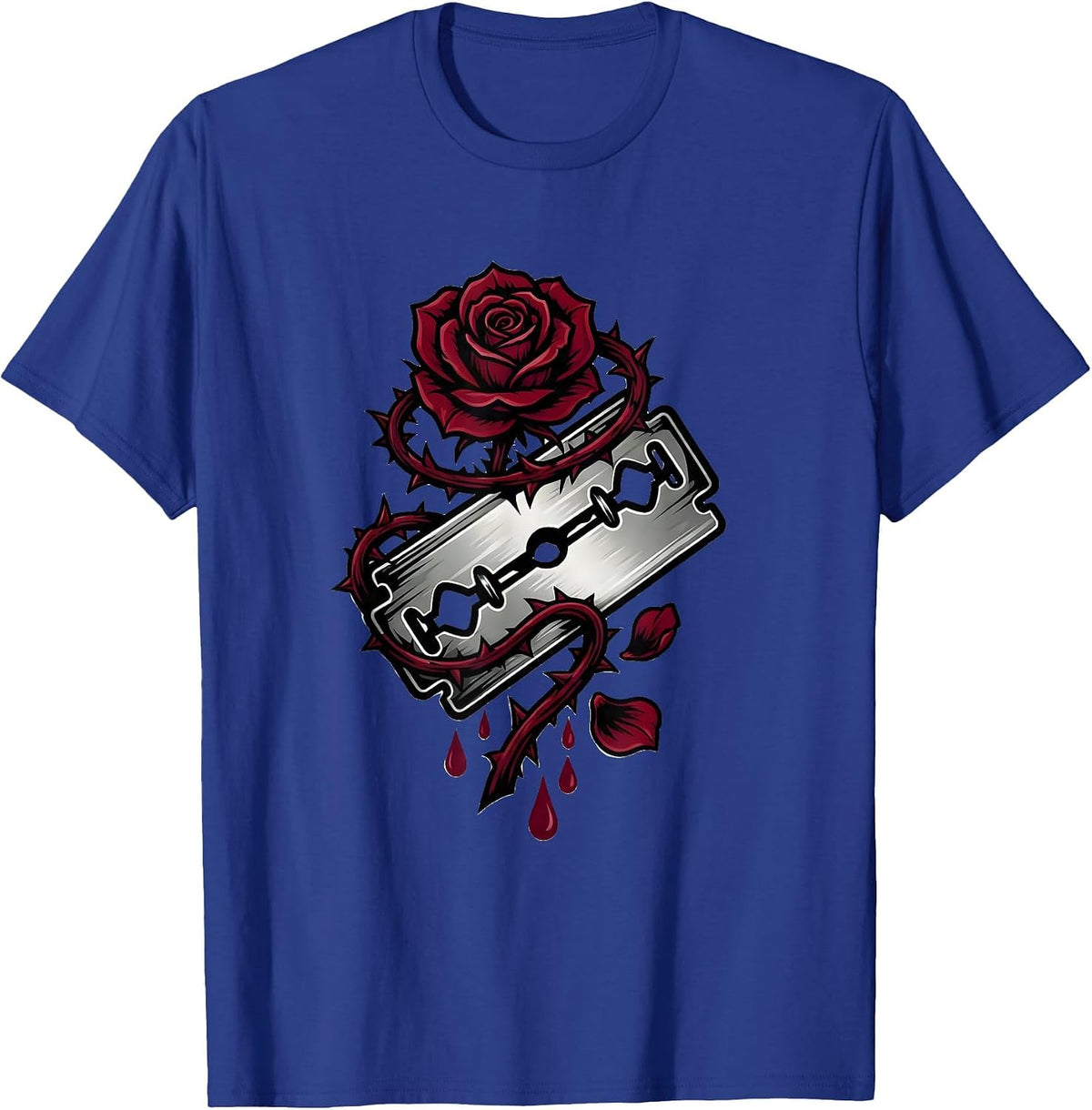 Razorblade Rose Punk Gothic Thorn Graphic Tee T-Shirt - Royal Blue