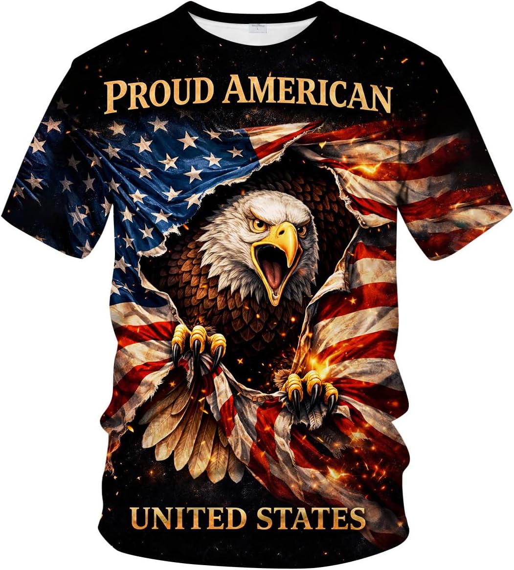 Men's American Flag Graphic T Shirt Patriotic Eagle Skull USA Independence Day Short Sleeve Crewneck Tee - Proud Eagle
