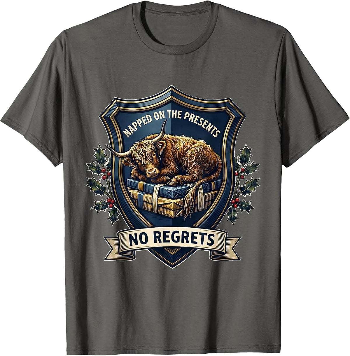 Men's Napped On The Presents No Regrets Highland Cow Christmas T-Shirt - Asphalt Grey