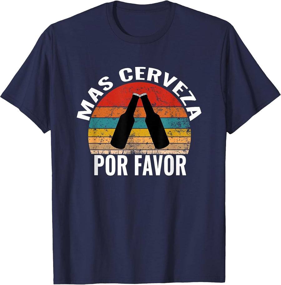 Mas Cerveza Por Favor Funny Vintage Spanish Beer Lover T-Shirt - Navy Blue