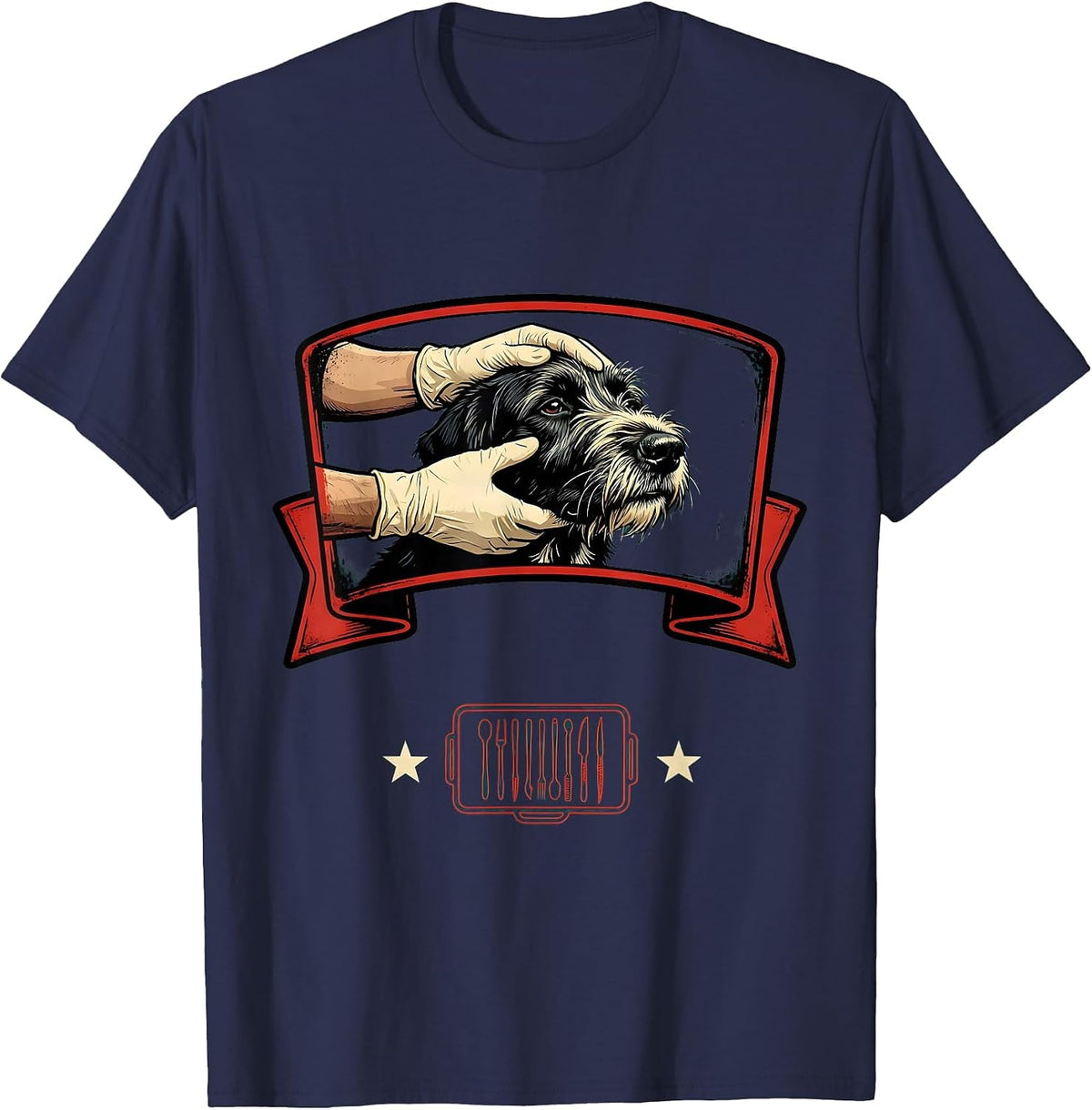 Vet Tech Gloved Hands Calm Dog Exam Veterinary Humor T-Shirt - Navy Blue