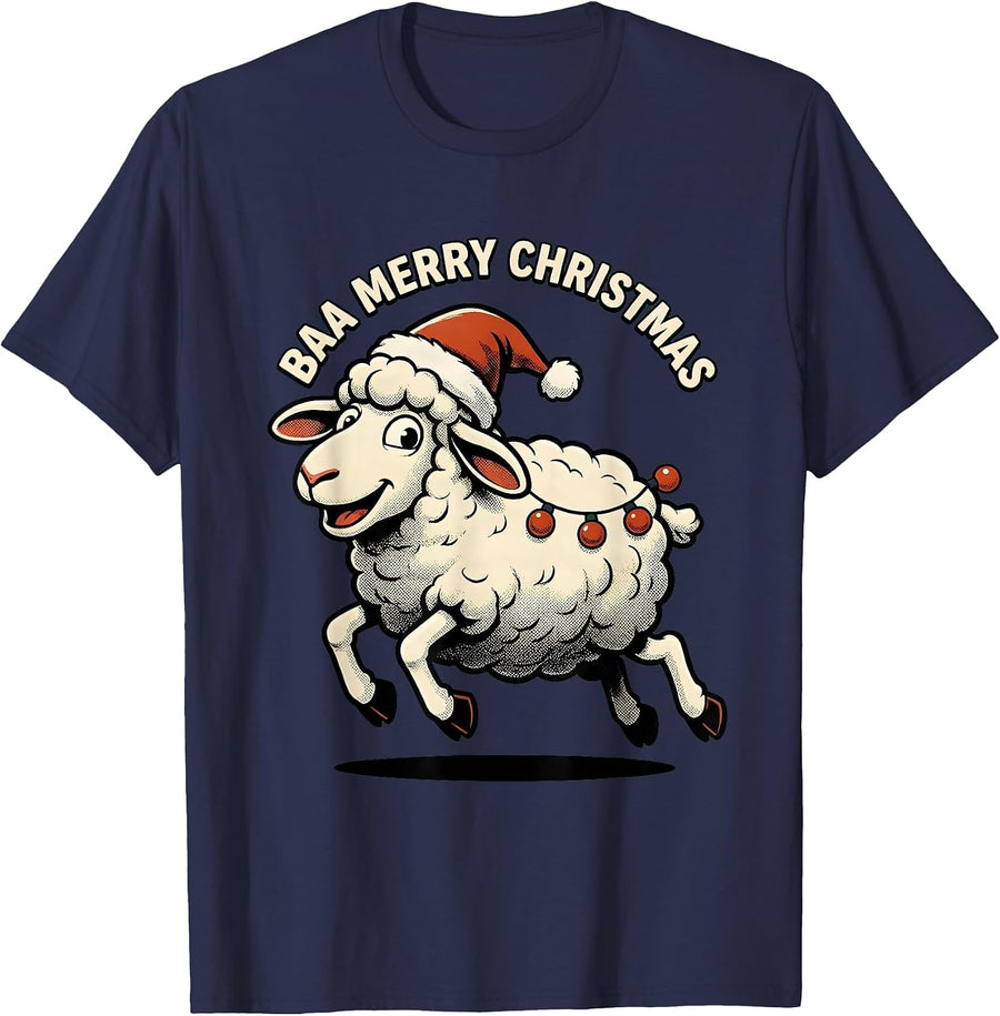 Baa Merry Christmas Retro Cartoon Sheep Animal Lover Holiday T-Shirt - Navy Blue