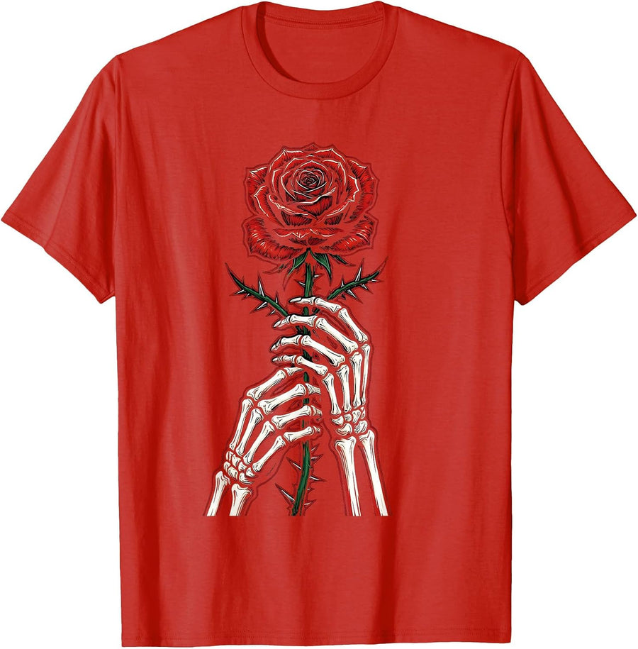 Men's Skeleton Hands Gripping Thorned Rose Long Sleeve T-Shirt - Red