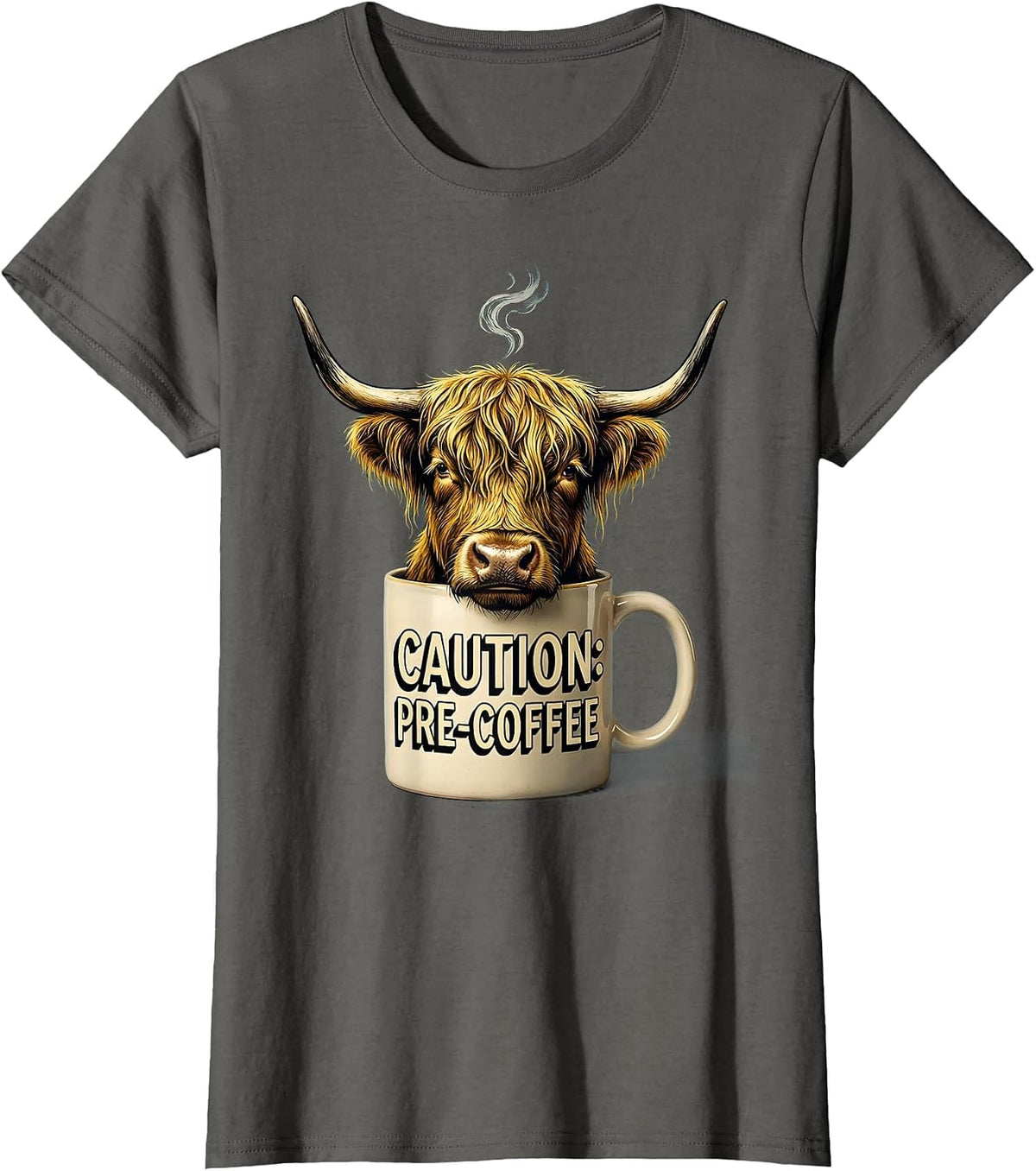 Women's Caution Pre-Coffee Funny Highland Cow Novelty Coffee Lover T-Shirt - Asphalt Grey
