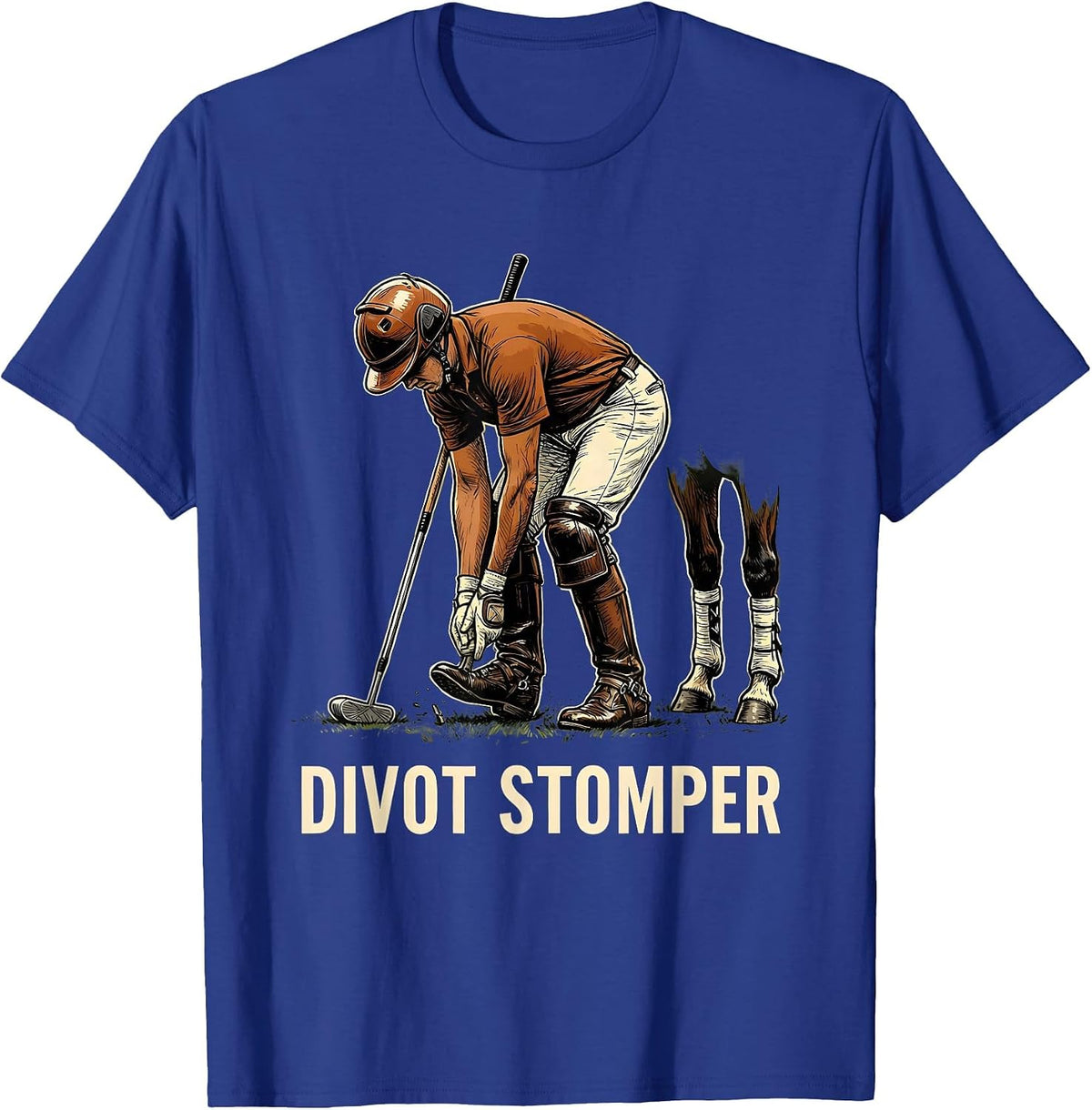 Divot Stomper Energetic Polo Player Horseback Riding Sport T-Shirt - Royal Blue