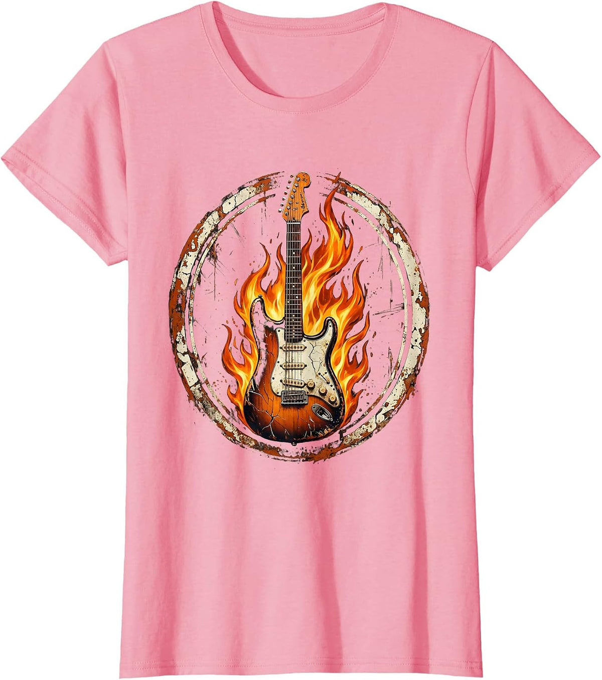 Women's Vintage Rock Electric Guitar Engulfed in Flames T-Shirt - Pink