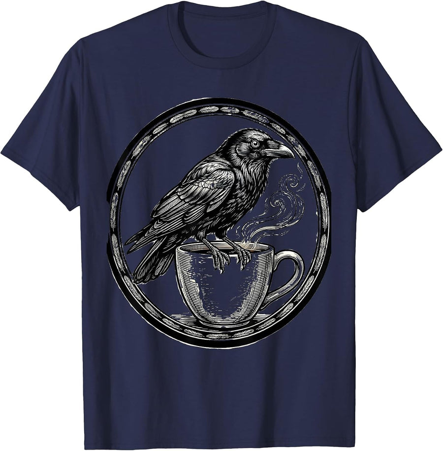 Crow Perched on Coffee Cup Side-Eye Illustration T-Shirt - Navy Blue