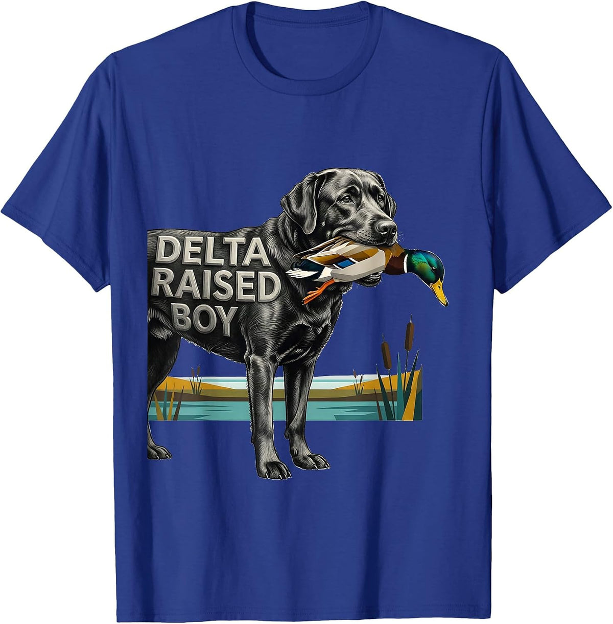 Men's Delta Raised Boy Midcentury Modern Labrador Duck Hunting T-Shirt - Royal Blue