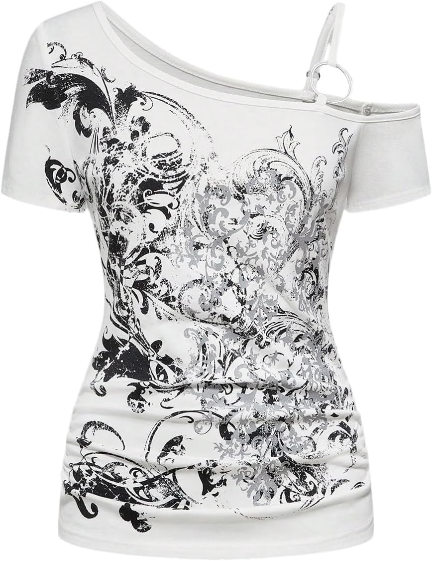 SOLY HUX Women's Gothic Tee Emo Alt Clothes Grunge Shirts Off Shoulder Tops - White Graphic
