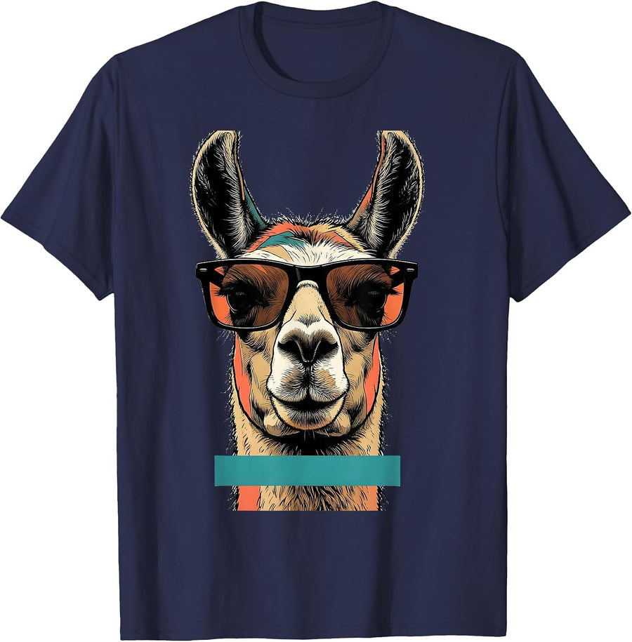 Llama Head Oversized Sunglasses Funny Animal Lover Novelty T-Shirt - Navy Blue