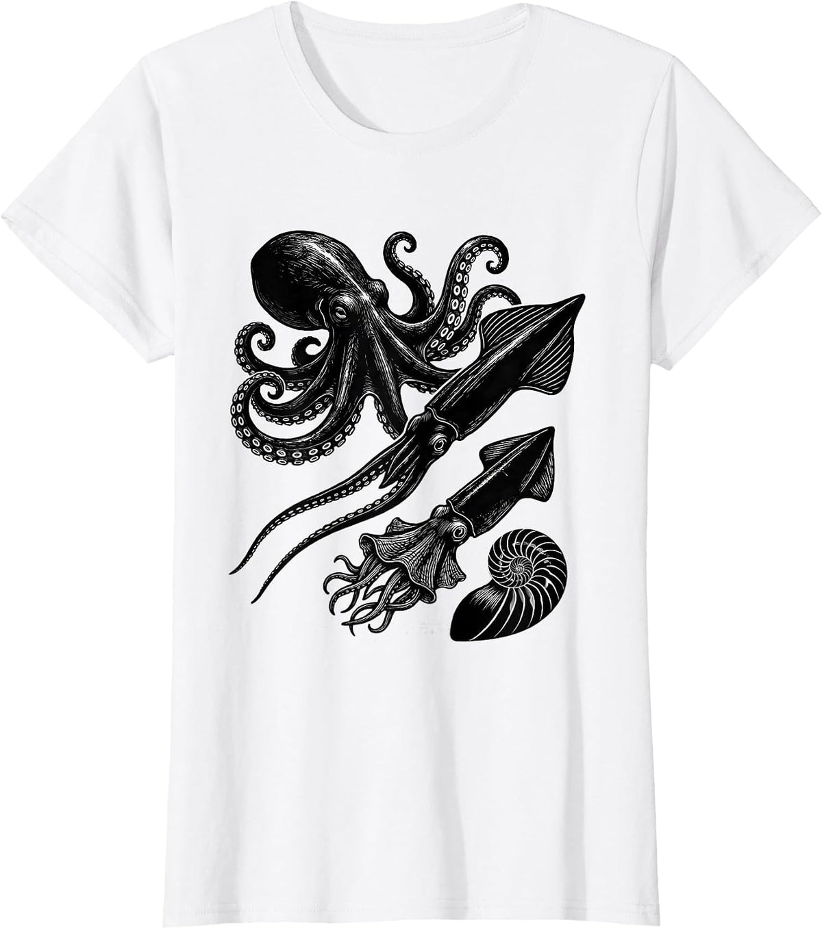 Four Cephalopod Silhouettes Scratchboard Octopus Lover Gift T-Shirt - White