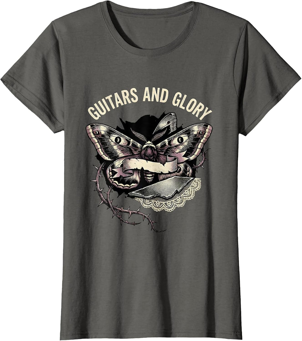 Women's Guitars and Glory 80s Rock Band Design T-Shirt - Asphalt Grey