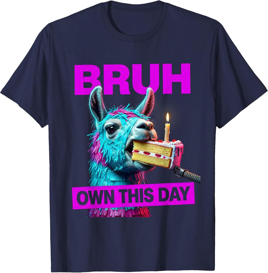 Bruh Own This Day Funny Llama Pinata Birthday Boy Kids Party T-Shirt - Navy Blue