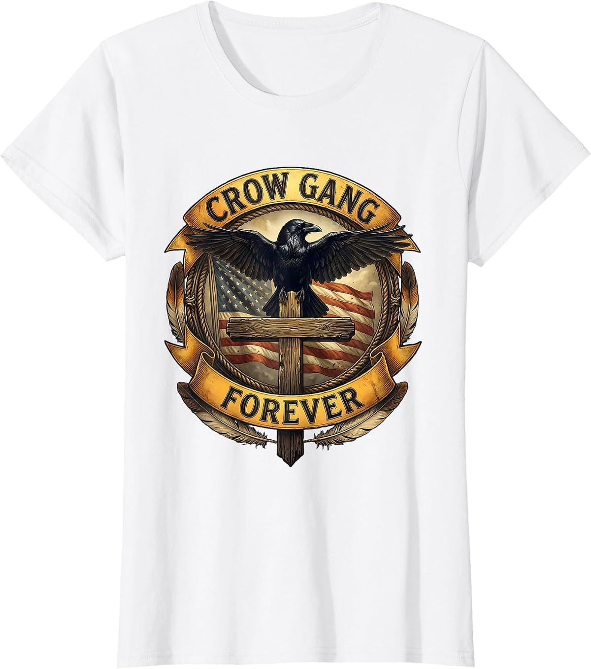 Crow Gang Forever Bold Graphic Design T-Shirt - White