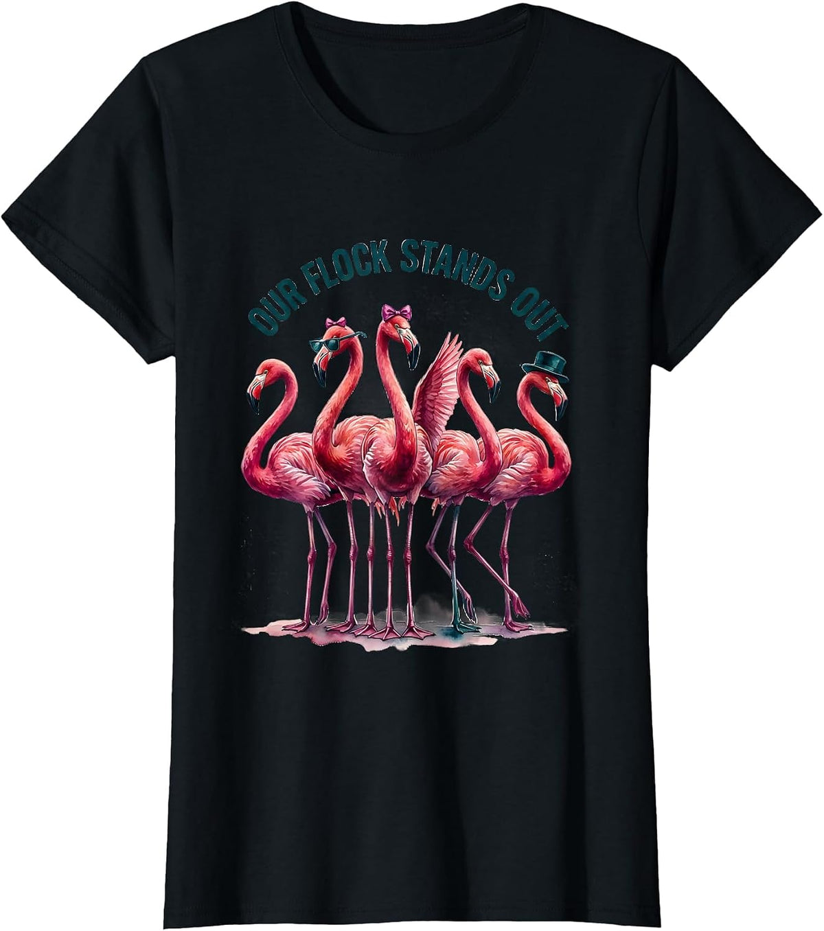 Our Flock Stands Out Watercolor Pink Flamingo Novelty Family T-Shirt - Black