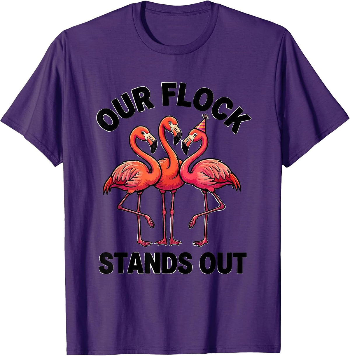 Our Flock Stands Out Cartoon Flamingo Novelty Family T-Shirt - Purple